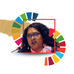 Collage of a photo of civil society representative talking into a UN microphone, the SDGs wheel and some paper. The speaker looks determined.